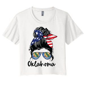 Oklahoma Girl Oklahoma Flag State Girlfriend Messy Bun Women's Crop Top Tee