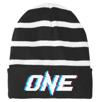 One Glitched Striped Beanie with Solid Band