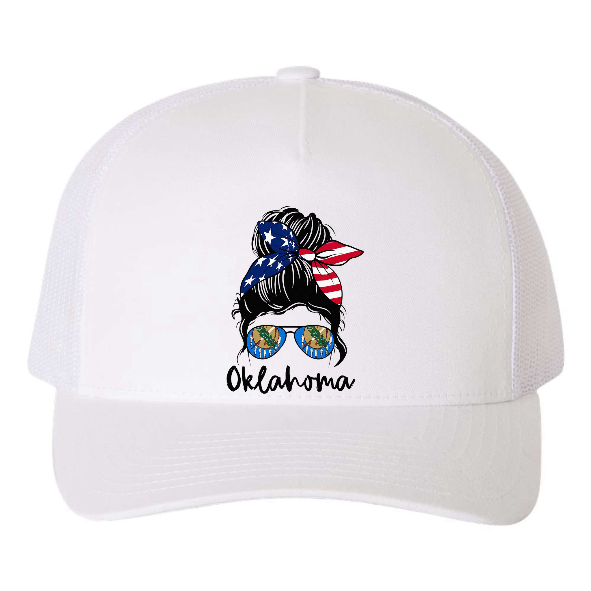 Oklahoma Girl Oklahoma Flag State Girlfriend Messy Bun Yupoong Adult 5-Panel Trucker Hat