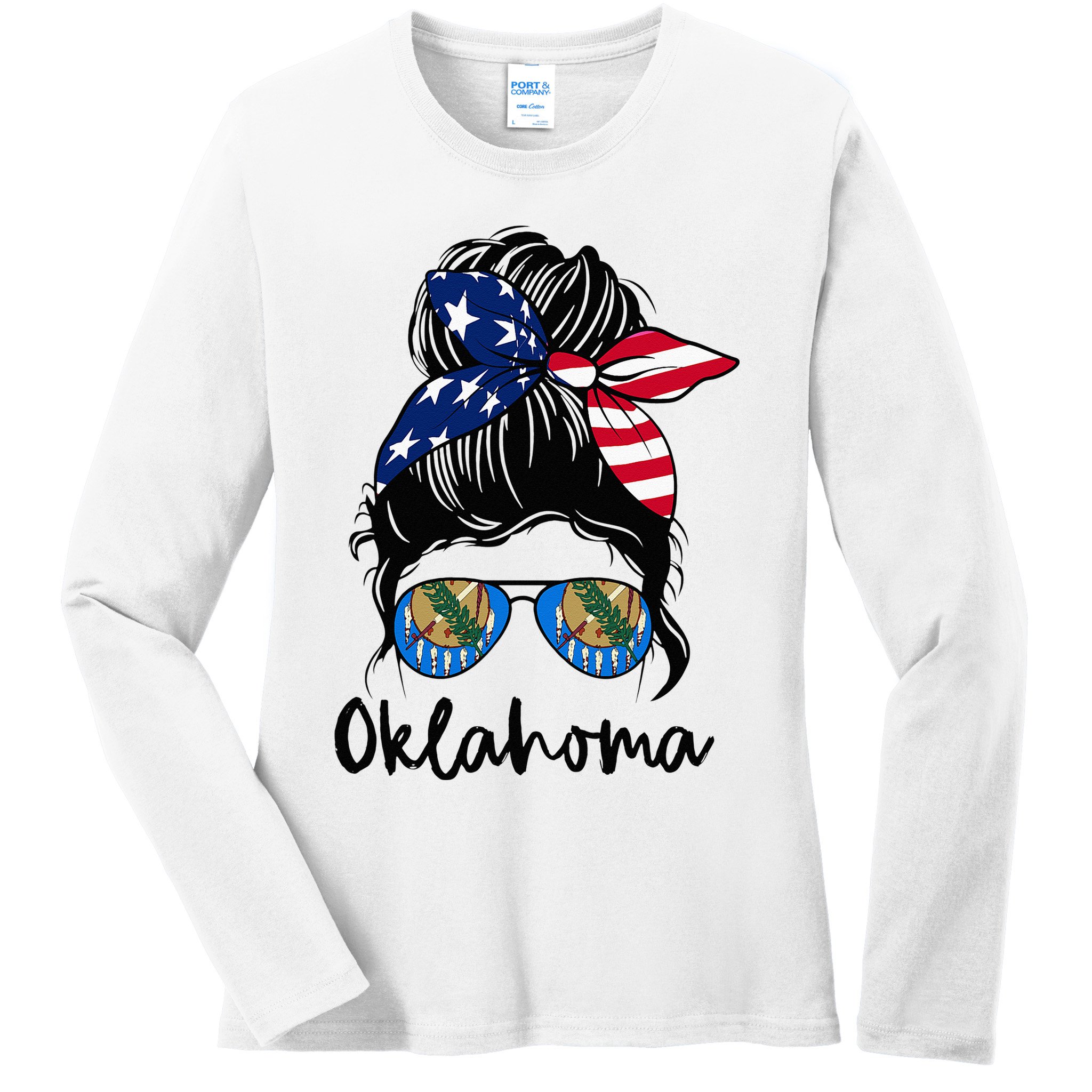 Oklahoma Girl Oklahoma Flag State Girlfriend Messy Bun Ladies Long Sleeve Shirt