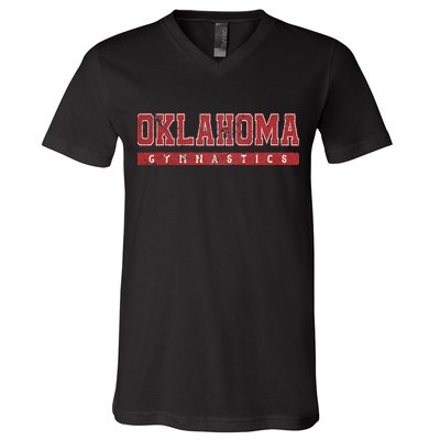 Oklahoma Gymnastics Red Vintage Text V-Neck T-Shirt