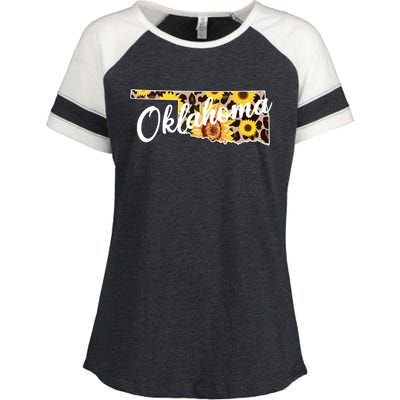 Oklahoma Girl Sunflower Leopard Rustic Black State Pride Enza Ladies Jersey Colorblock Tee