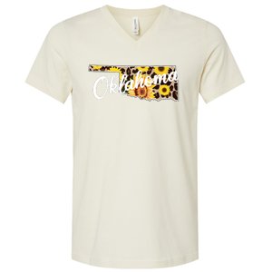 Oklahoma Girl Sunflower Leopard Rustic Black State Pride V-Neck T-Shirt