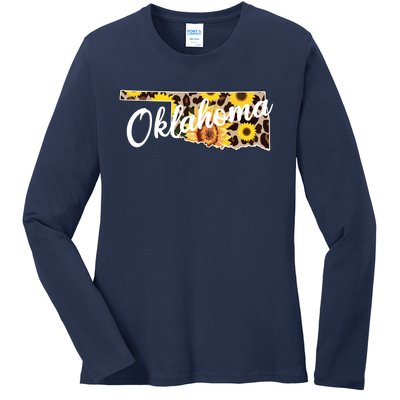 Oklahoma Girl Sunflower Leopard Rustic Black State Pride Ladies Long Sleeve Shirt