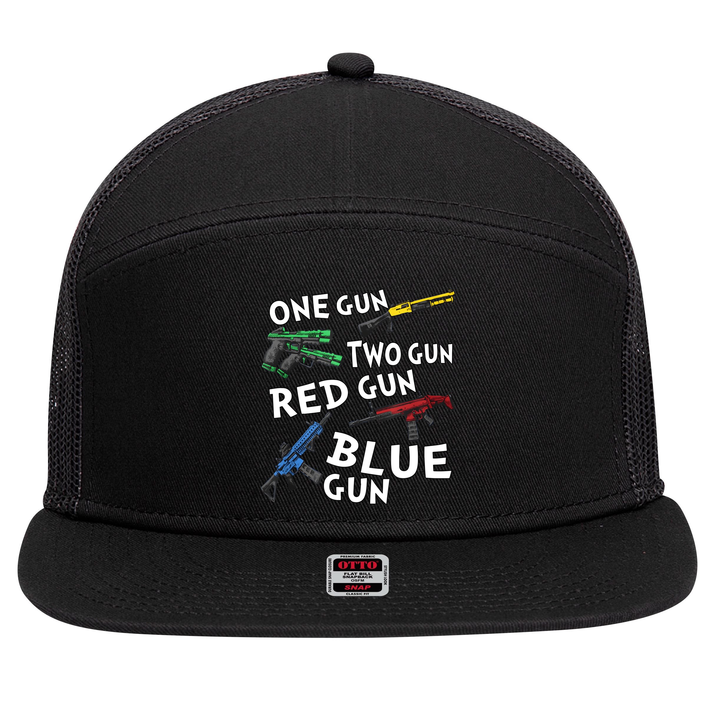 One Gun Two Gun Red Gun Blue Gun 7 Panel Mesh Trucker Snapback Hat