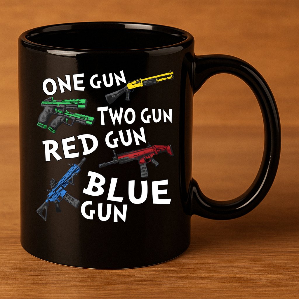 One Gun Two Gun Red Gun Blue Gun 11oz C Handle Ceramic Mug