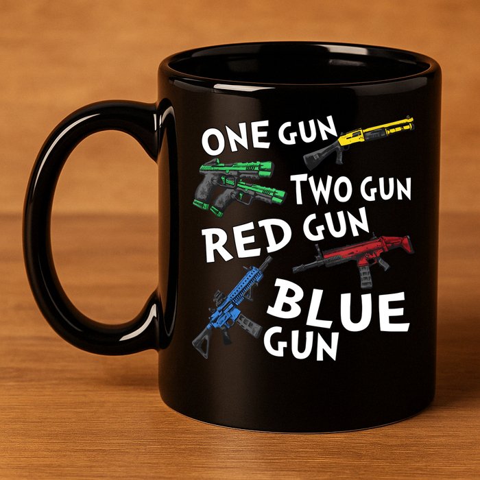 One Gun Two Gun Red Gun Blue Gun 11oz C Handle Ceramic Mug