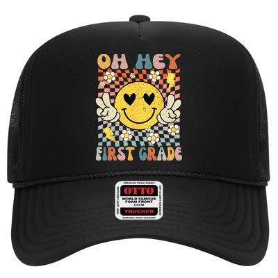 Oh Hey 1st Grade Smile Retro Face Back To School Teacher High Crown Mesh Back Trucker Hat