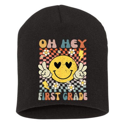 Oh Hey 1st Grade Smile Retro Face Back To School Teacher Short Acrylic Beanie