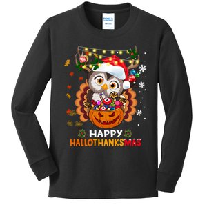 Owl Halloween And Merry Christmas Happy Hallothanksmas Kids Long Sleeve Shirt