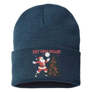 Out Here Balling Santa Playing Volleyball Christmas Tree Sustainable Knit Beanie