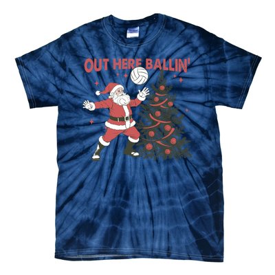 Out Here Balling Santa Playing Volleyball Christmas Tree Tie-Dye T-Shirt