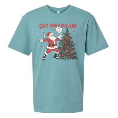 Out Here Balling Santa Playing Volleyball Christmas Tree Sueded Cloud Jersey T-Shirt