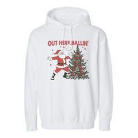 Out Here Balling Santa Playing Volleyball Christmas Tree Garment-Dyed Fleece Hoodie