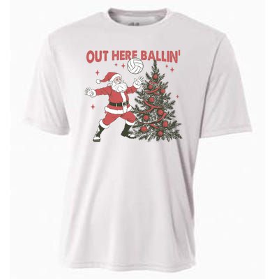 Out Here Balling Santa Playing Volleyball Christmas Tree Cooling Performance Crew T-Shirt