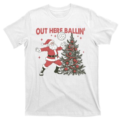 Out Here Balling Santa Playing Volleyball Christmas Tree T-Shirt