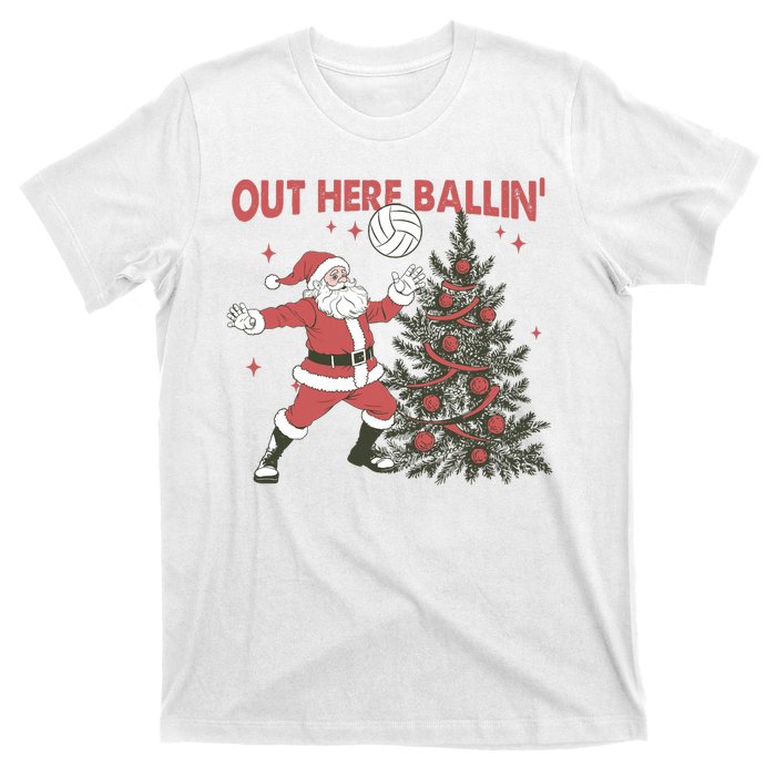 Out Here Balling Santa Playing Volleyball Christmas Tree T-Shirt