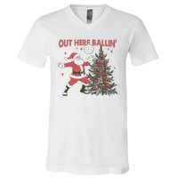 Out Here Balling Santa Playing Volleyball Christmas Tree V-Neck T-Shirt