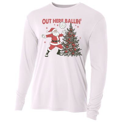 Out Here Balling Santa Playing Volleyball Christmas Tree Cooling Performance Long Sleeve Crew