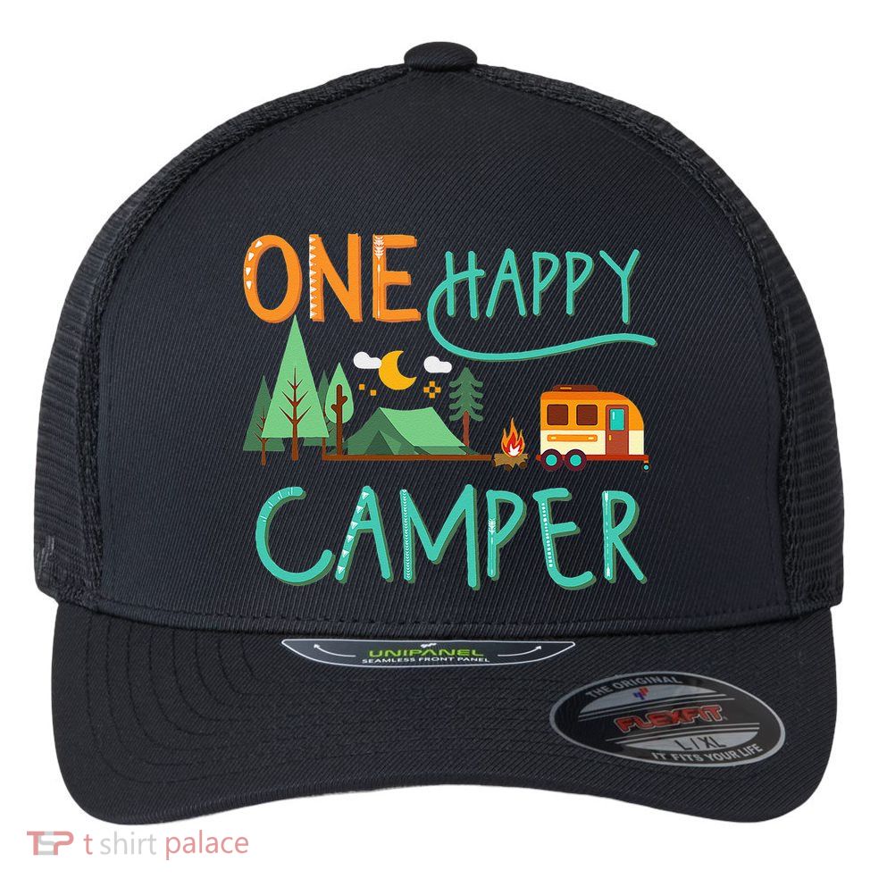 One Happy Camper First Birthday Camping Matching Flexfit Unipanel Trucker Cap
