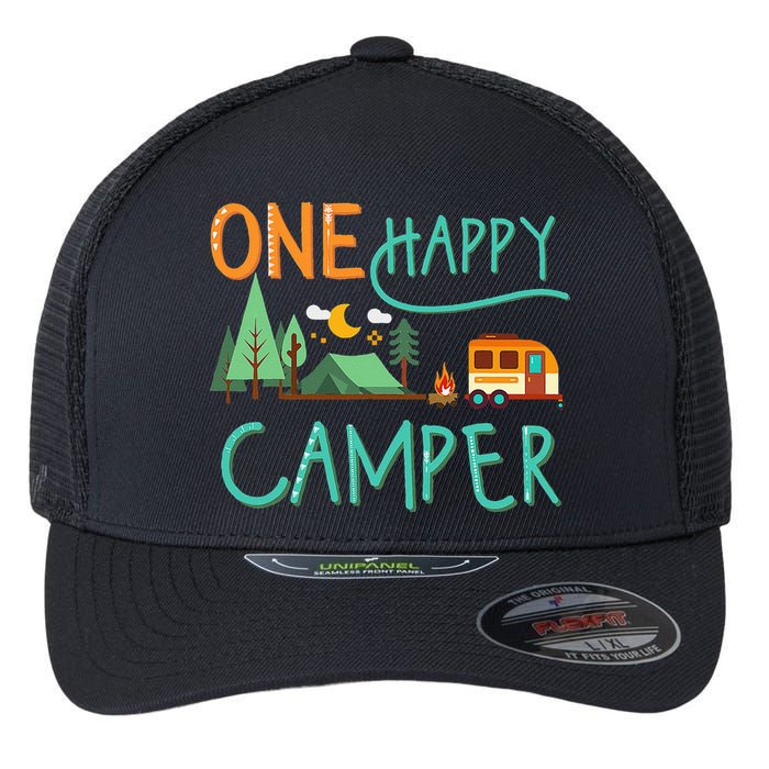 One Happy Camper First Birthday Camping Matching Flexfit Unipanel Trucker Cap