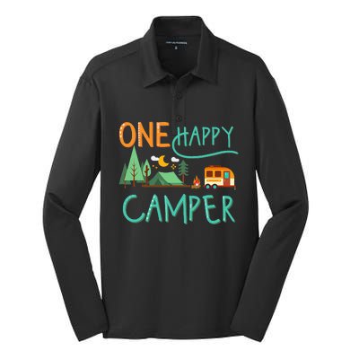 One Happy Camper First Birthday Camping Matching Silk Touch Performance Long Sleeve Polo