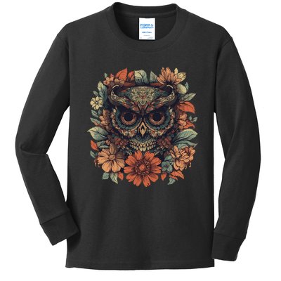 Owl Halloween Dia De Los Muertos Floral Sugar Skull Kids Long Sleeve Shirt