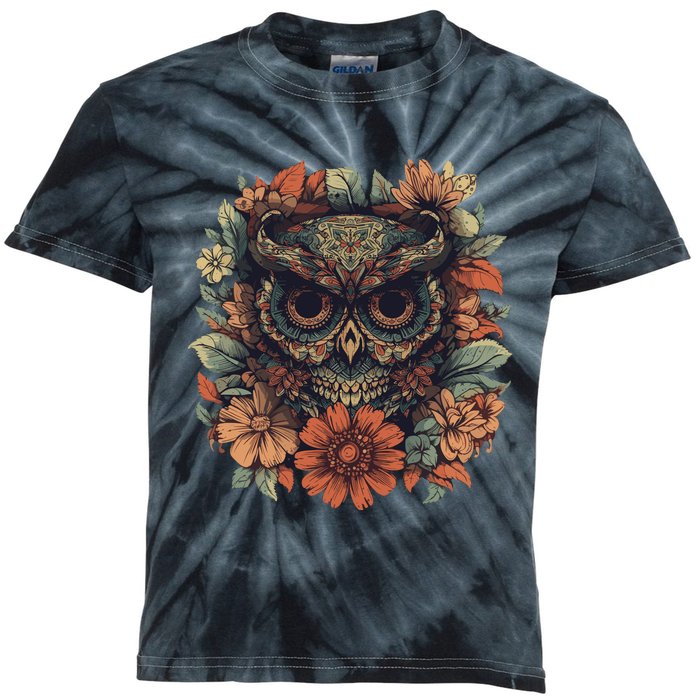 Owl Halloween Dia De Los Muertos Floral Sugar Skull Kids Tie-Dye T-Shirt