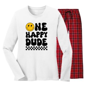 One Happy Dude Groovy 1st Birthday Party Family Matching Women's Long Sleeve Flannel Pajama Set 