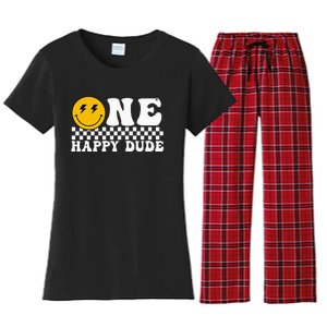 One Happy Dude Groovy 1st Birthday Party Family Matching Women's Flannel Pajama Set