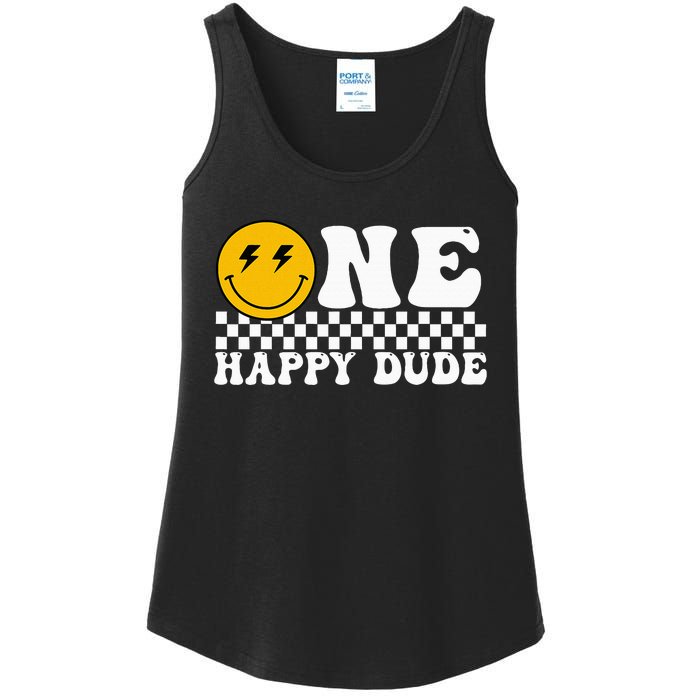 One Happy Dude Groovy 1st Birthday Party Family Matching Ladies Essential Tank