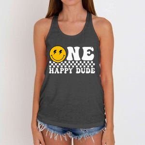 One Happy Dude Groovy 1st Birthday Party Family Matching Women's Knotted Racerback Tank