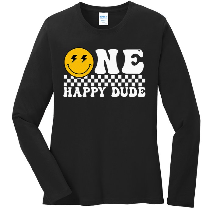 One Happy Dude Groovy 1st Birthday Party Family Matching Ladies Long Sleeve Shirt