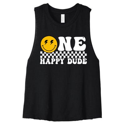 One Happy Dude Groovy 1st Birthday Party Family Matching Women's Racerback Cropped Tank