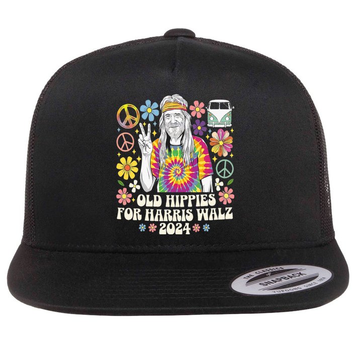 Old Hippies For Harris Waltz 2024 Flat Bill Trucker Hat