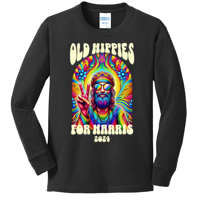 Old Hippies For Harris 2024 Kamala Harris Madam President Kids Long Sleeve Shirt