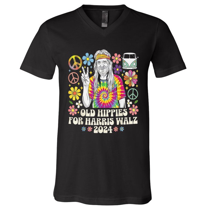 Old Hippies For Harris Waltz 2024 Election Kamala Harris V-Neck T-Shirt