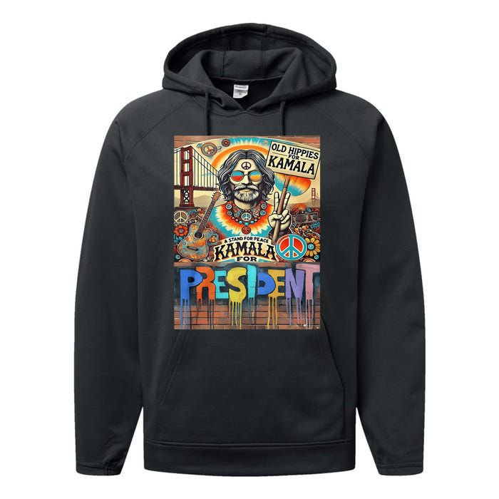 Old Hippies For Kamala 2024 Peace & Love Campaign Performance Fleece Hoodie