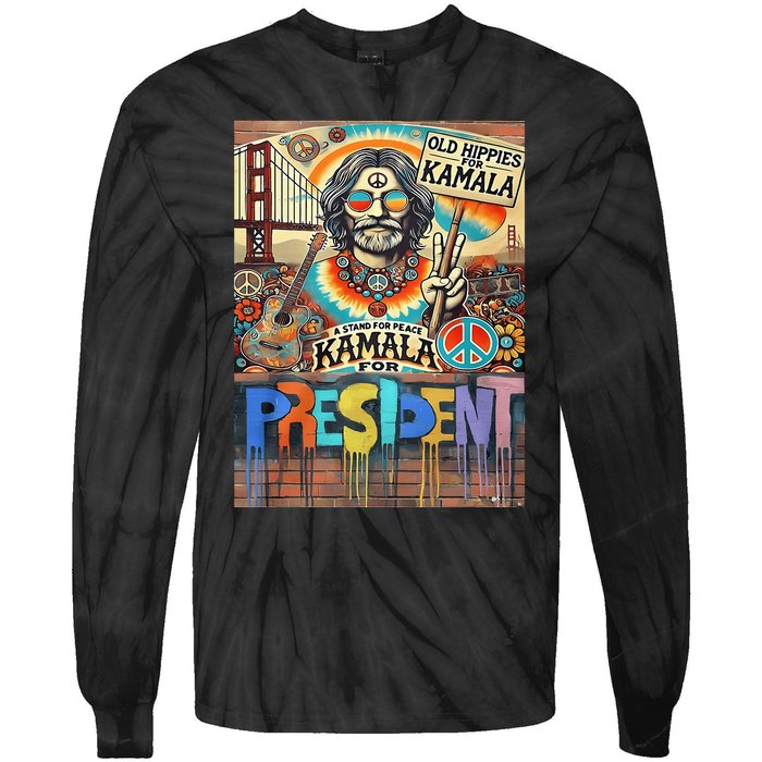 Old Hippies For Kamala 2024 Peace & Love Campaign Tie-Dye Long Sleeve Shirt