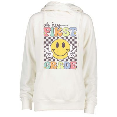 Oh Hey First Grade Hippie Smile Face 1st Grade Team Womens Funnel Neck Pullover Hood