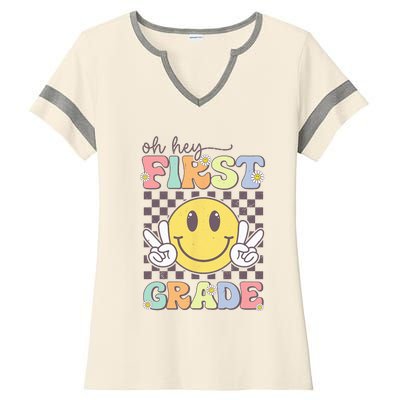 Oh Hey First Grade Hippie Smile Face 1st Grade Team Ladies Halftime Notch Neck Tee