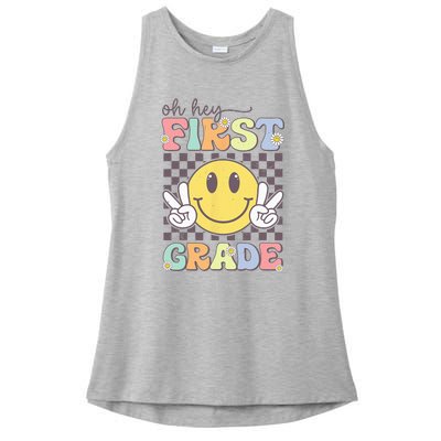 Oh Hey First Grade Hippie Smile Face 1st Grade Team Ladies PosiCharge Tri-Blend Wicking Tank