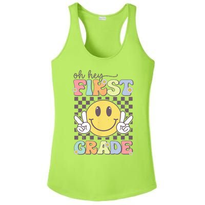 Oh Hey First Grade Hippie Smile Face 1st Grade Team Ladies PosiCharge Competitor Racerback Tank