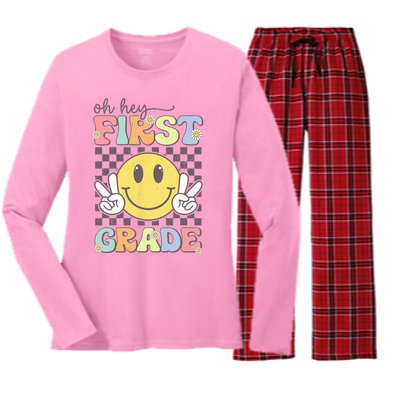 Oh Hey First Grade Hippie Smile Face 1st Grade Team Women's Long Sleeve Flannel Pajama Set 