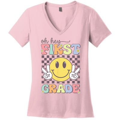 Oh Hey First Grade Hippie Smile Face 1st Grade Team Women's V-Neck T-Shirt