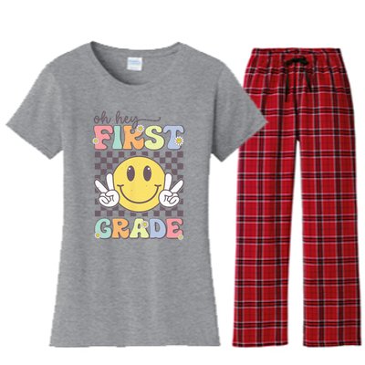 Oh Hey First Grade Hippie Smile Face 1st Grade Team Women's Flannel Pajama Set