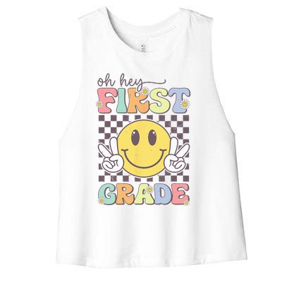 Oh Hey First Grade Hippie Smile Face 1st Grade Team Women's Racerback Cropped Tank