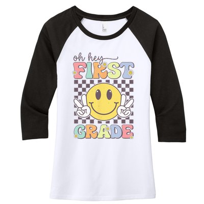 Oh Hey First Grade Hippie Smile Face 1st Grade Team Women's Tri-Blend 3/4-Sleeve Raglan Shirt