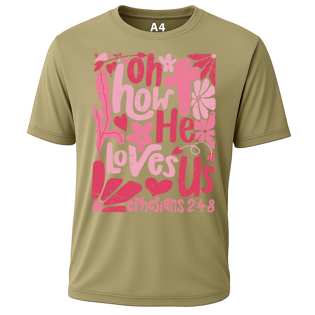 Oh How He Loves Us Boho Valentine Flower Jesus Christian Cooling Performance Crew T-Shirt