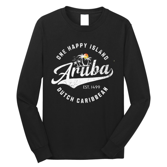 One Happy Island Aruba Script Lettering Vintage Logo Art Long Sleeve Shirt